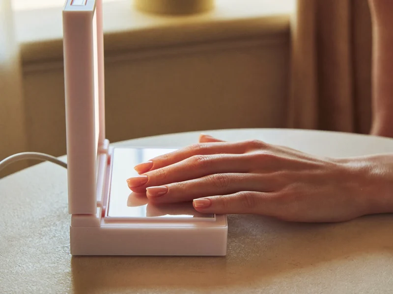 Illustration: frischer Gellack in Nude-Rosé unter einer kompakten LED-Lampe
